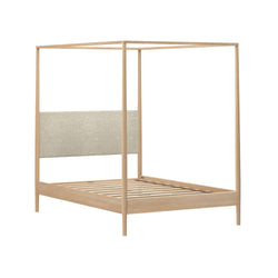 Minimalist light oak canopy four-poster bed frame with beige upholstered headboard and wooden slatted base, Scandinavian modern bedroom furniture
