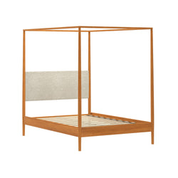 Minimalist mid-century modern four-poster canopy bed frame in warm oak finish with beige upholstered headboard and slatted platform base, modern bedroom furniture