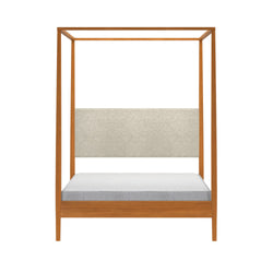 Minimalist wooden four-poster canopy bed frame with oak finish, beige upholstered headboard and white mattress — modern Scandinavian-style platform bed for bedroom