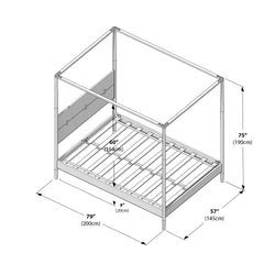 Metal canopy bed frame isometric diagram with slatted mattress support and labeled dimensions 79″ (200 cm) length × 57″ (145 cm) width × 75″ (190 cm) height, 60″ (154 cm) inner width and 8″ (20 cm) clearance — modern canopy bed frame dimensions