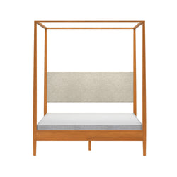 Modern wooden four-poster canopy bed with beige upholstered headboard and mattress, minimalist platform design, front view on white background