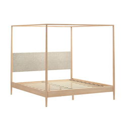 Minimalist Scandinavian light wood four‑poster canopy bed frame with beige upholstered headboard and wooden slat base