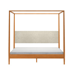 Wooden four-poster canopy bed frame with beige upholstered headboard and low platform mattress, minimalist modern bedroom furniture
