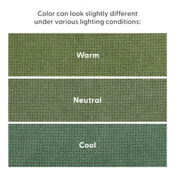 Close-up of three green upholstery fabric swatches labeled Warm, Neutral, Cool showing color shifts under different lighting conditions and woven texture.
