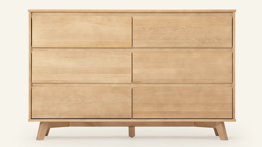 Modern six-drawer wooden dresser with natural finish for bedroom storage.