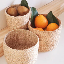 Woven baskets with fresh oranges and kiwis on a wooden shelf.