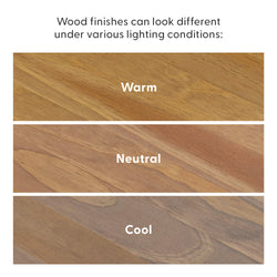 Comparison of wood finishes under warm, neutral, and cool lighting conditions.