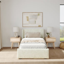 Minimalist bedroom design with modern bed, wooden nightstands, abstract art, and soothing neutral tones.