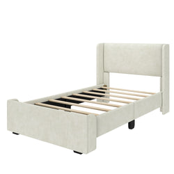 Cream upholstered bed frame with wooden slats and headboard, modern bedroom furniture design.