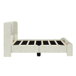 Modern upholstered bed frame with beige fabric and wooden slats for bedroom furniture.
