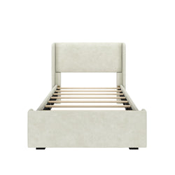 Cream upholstered bed frame with slatted base, modern bedroom furniture.