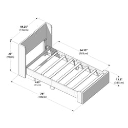 Illustration of a twin platform bed frame with dimensions showing length, width, and height in inches and centimeters.
