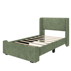 Modern green upholstered bed frame with wooden slats for a stylish bedroom setup.