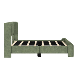 Green upholstered bed frame with wooden slats, modern design.