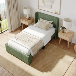 Cozy bedroom with green upholstered bed, modern decor, and natural wood nightstands.