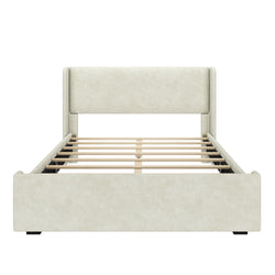 Modern upholstered bed frame with slatted base and minimalist design in a neutral color.