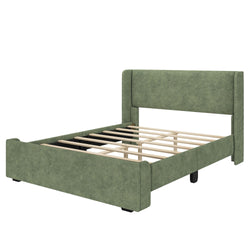 Green upholstered bed frame with wooden slats, modern design.