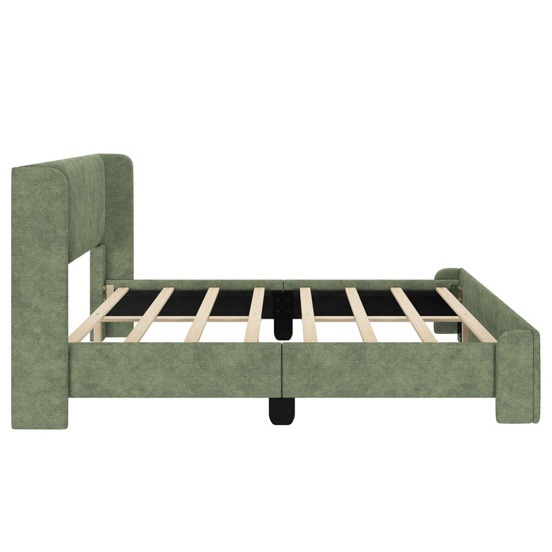 Green upholstered bed frame with wooden slats, modern and stylish bedroom furniture.
