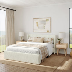 Modern bedroom interior with a cozy bed, neutral decor, and trendy furniture.