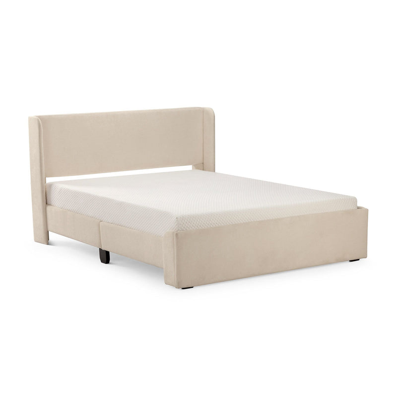 Modern beige upholstered bed frame with headboard and mattress in a minimalist bedroom setting.