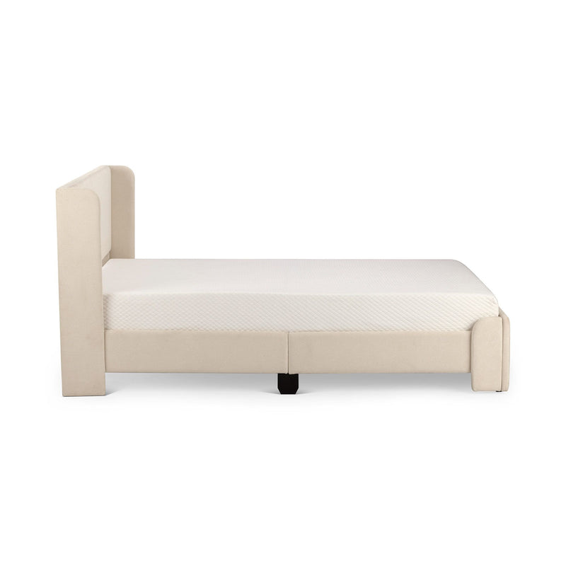 Modern beige upholstered platform bed frame with mattress and headboard.