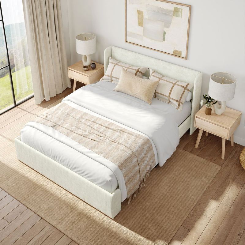Modern bedroom with stylish wooden furniture, cozy bed with beige linens, and minimalist decor.