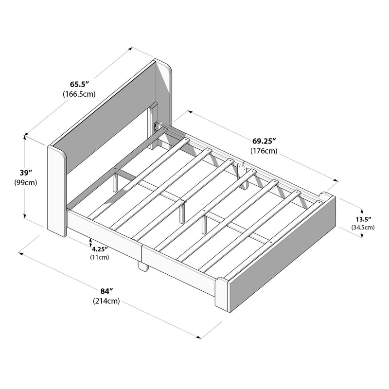 King size bed frame dimensions illustration with measurements in inches and centimeters.