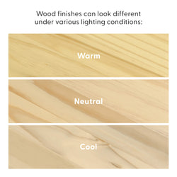 Comparison of wood finishes showing warm, neutral, and cool tones under different lighting conditions.