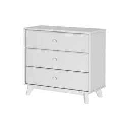 White three-drawer dresser with modern design and minimalist style.
