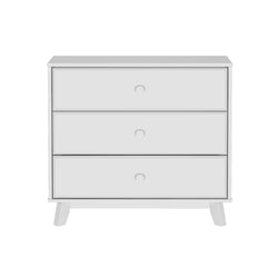 White wooden three-drawer dresser with modern design and round handles.
