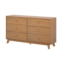 Mid-century modern wooden dresser with six spacious drawers for bedroom or living room storage.