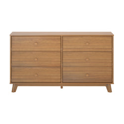 Mid-century modern wooden dresser with six drawers for bedroom storage.