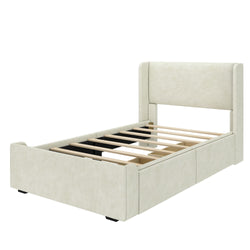 Stylish upholstered bed frame with soft beige fabric and wooden slats, perfect for modern bedroom decor.