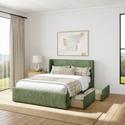 Modern bedroom with green upholstered bed frame and built-in storage drawers.