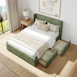 Modern bedroom with green storage bed, white bedding, and natural wood nightstand near large window.