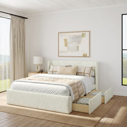Modern bedroom with elegant platform bed featuring underbed storage and neutral decor.