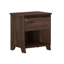 Dark wooden nightstand with a single drawer and open shelf, perfect for bedroom storage.