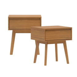 Mid-century modern wooden nightstands with drawers, featuring minimalist design and angled legs.