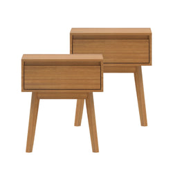 Mid-century modern wooden bedside tables with drawers and angled legs.