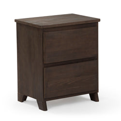 Dark wooden two-drawer nightstand on white background.