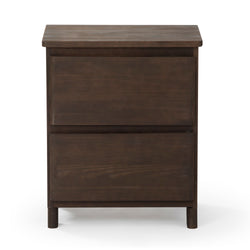 Dark wood bedside table with two drawers, perfect for modern bedroom decor.