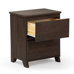 Dark brown wooden nightstand with two open drawers displaying minimalist design and sturdy legs.