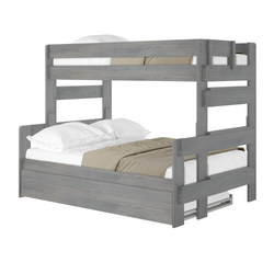 Gray wooden bunk bed with under-bed trundle, safety rails and ladder — space-saving modern farmhouse bedroom furniture