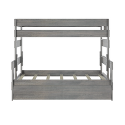 Gray wooden bunk bed frame with slatted mattress platforms, safety rails and under-bed storage drawer in a modern rustic finish