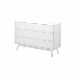 White mid-century modern six-drawer dresser with angled wooden legs and flat-front drawers, minimalist Scandinavian bedroom storage chest