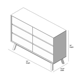 Isometric line drawing of a mid-century modern six-drawer dresser with angled legs, labeled dimensions 52″ length × 36″ height × 16.25″ depth, bedroom storage furniture schematic