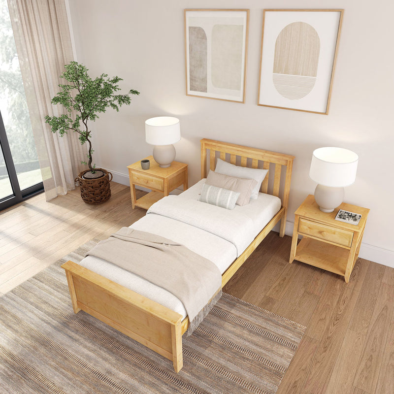 Minimalist neutral bedroom featuring a solid wood single bed, matching nightstands, beige bedding, modern lamps, and a potted plant