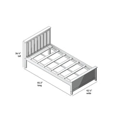 Twin platform bed frame with slatted headboard and wooden slat mattress support, white finish, 81.5 in L × 42.5 in W × 36.75 in H