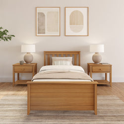 Minimalist neutral bedroom with oak wooden bed frame, matching nightstands, beige bedding, modern round table lamps, abstract wall art and striped area rug