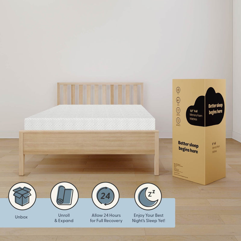 Memory foam mattress on wooden bed frame with packaging box, featuring unboxing and setup instructions.